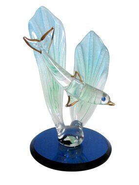 Vintage Dolphin Glass Figurine With Gold Accents On Blue Mirror Base